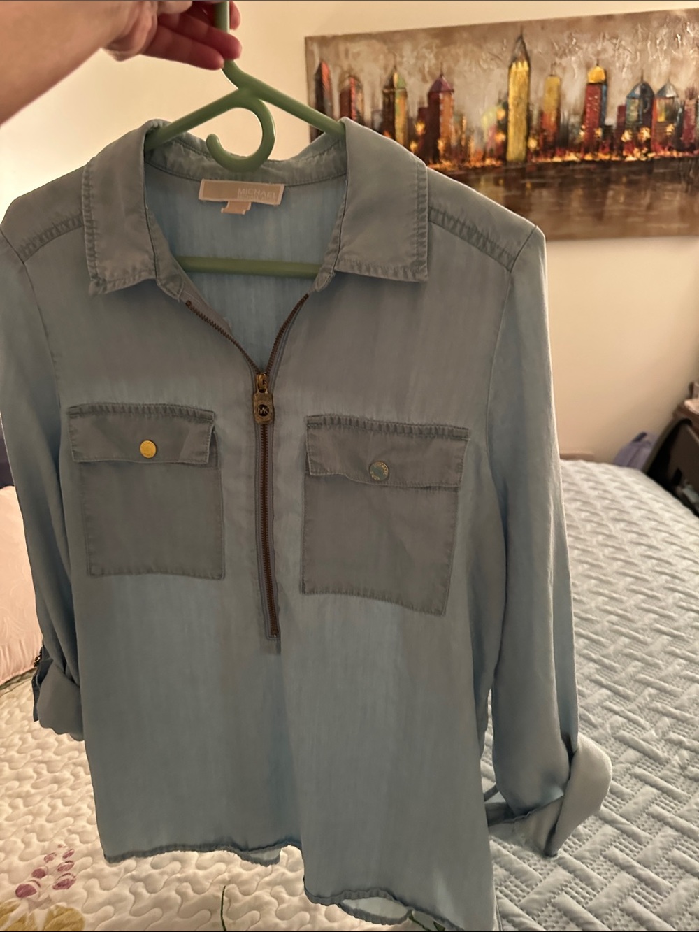 Michael Kors Denim  Soft Blue Zip-Front Shirt  with Hardware